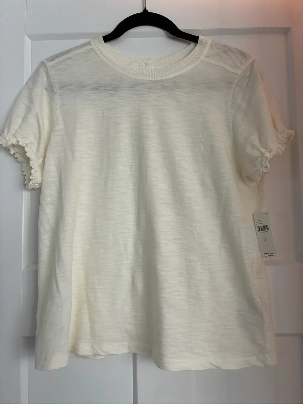 Anthropologie Cream Short Sleeve Ruffle-Trim Tee