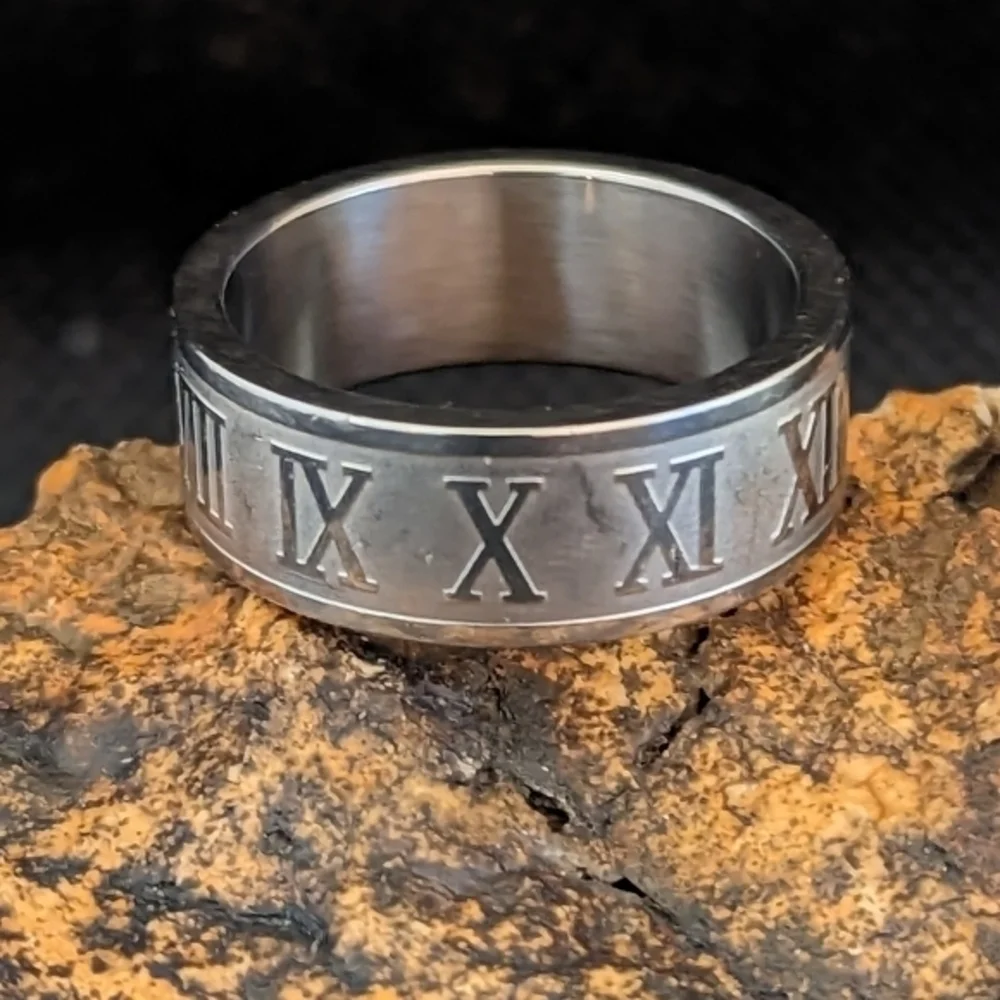 Stainless Steel Roman‎ Numeral Cigar Band Ring Size 8