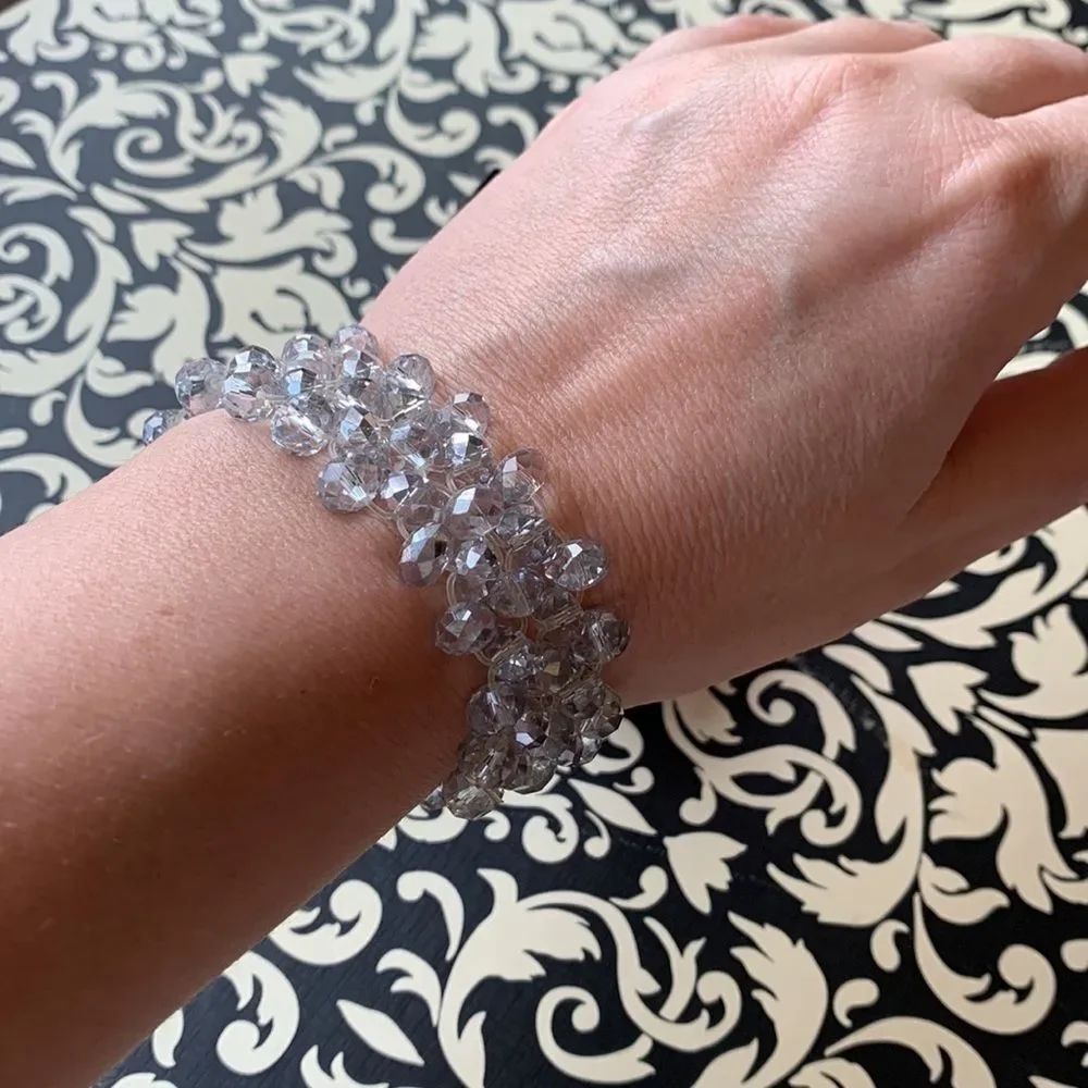 Clear, silver and iridescent beaded bracelet