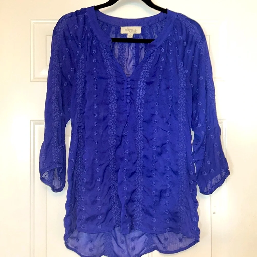 Olive & Oak Embroidered Sheer Top Blue NWOT Hi Lo Split Neck Boho Career