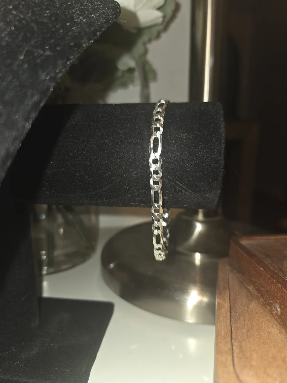 925 Sterling Silver Figaro Chain Necklace with Pave Cross Pendant And Bracelet