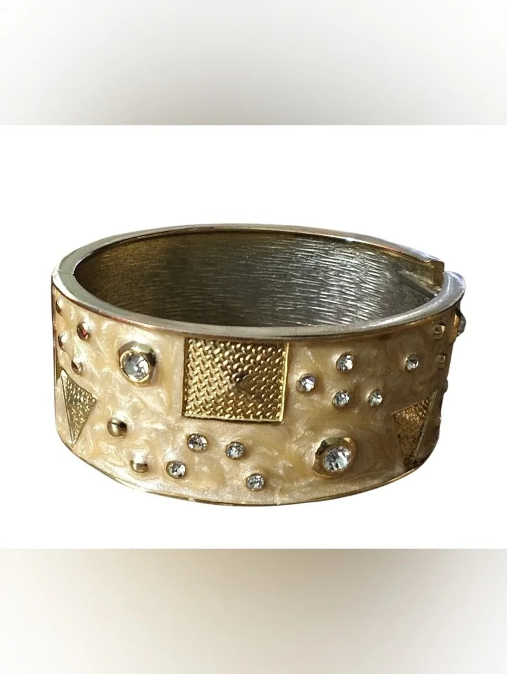 Gold-Tone Pearlized Crystal-Studded Pink & Cream Hinged Bangle