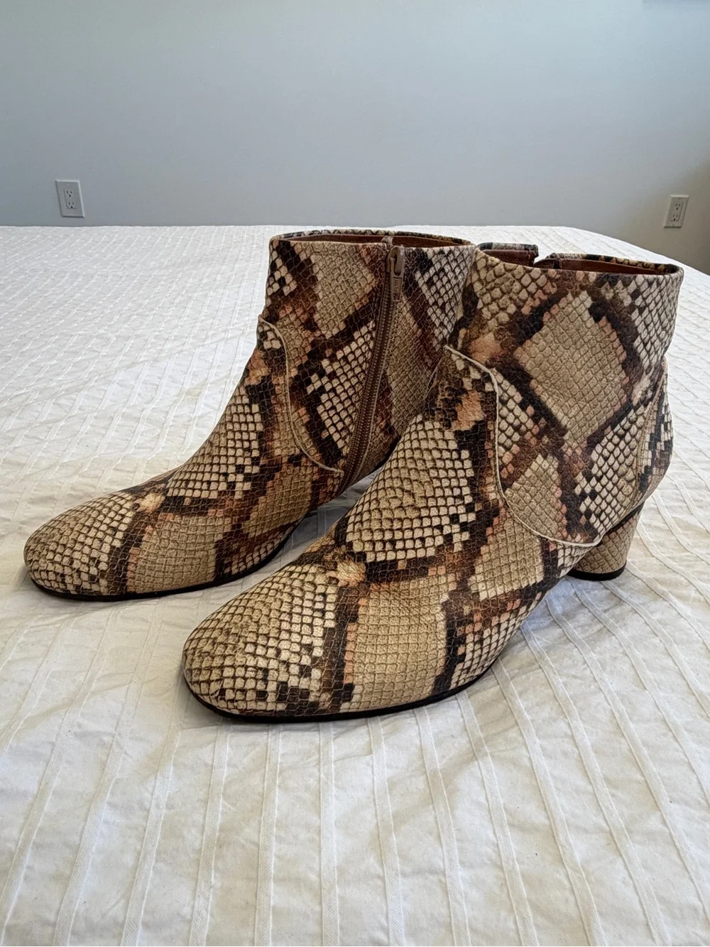 Snake-Print Ankle Booties in Tan and Brown