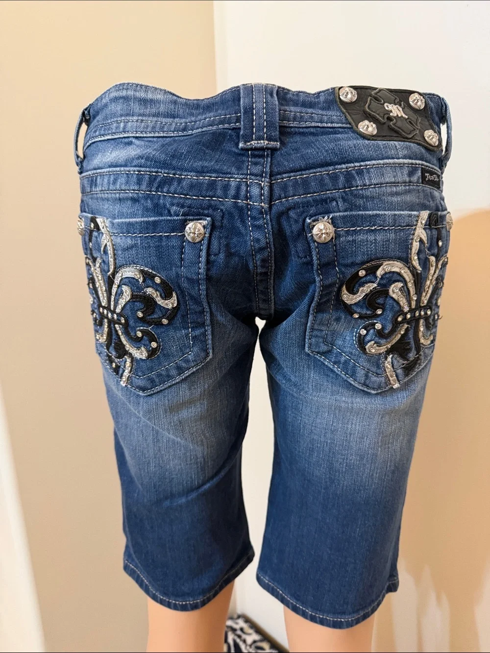 Miss Me Medium Long Denim Shorts with Canvas and Rhinestones Size 27 NWOT