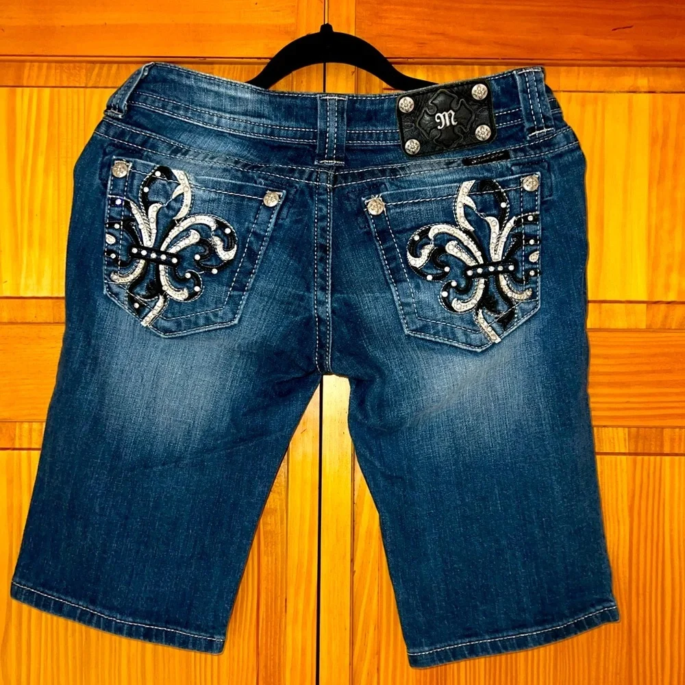 Miss Me Medium Long Denim Shorts with Canvas and Rhinestones Size 27 NWOT