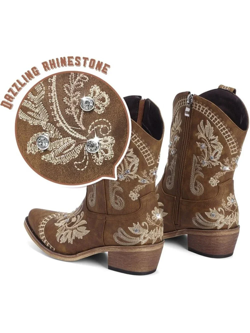 Women’s Brown Cowboy Boots Rhinestone Embroidered Ankle Booties Toe Chunky Heel