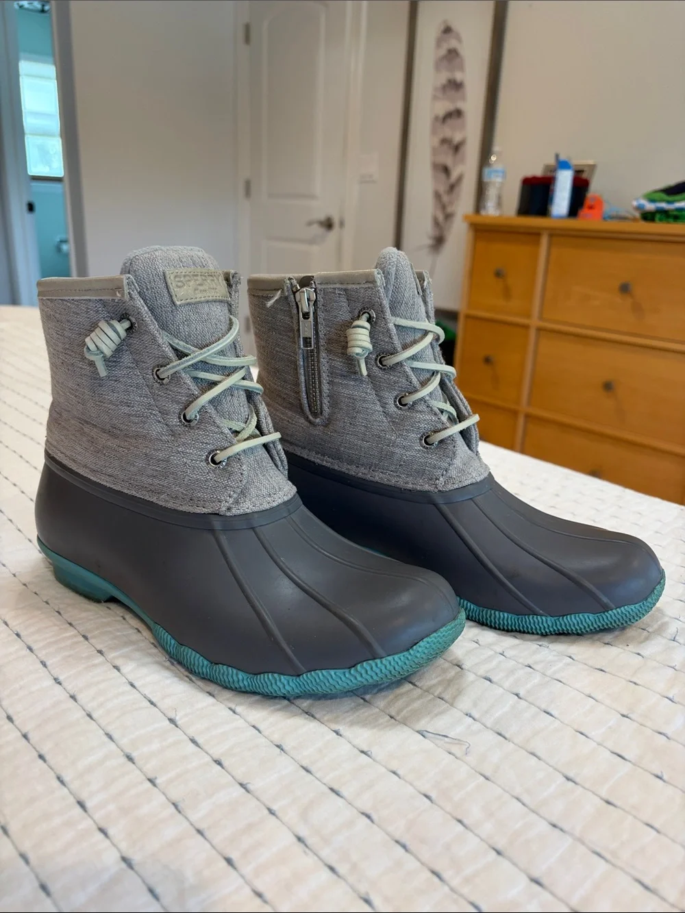 Sperry Gray and Teal Duck Boots