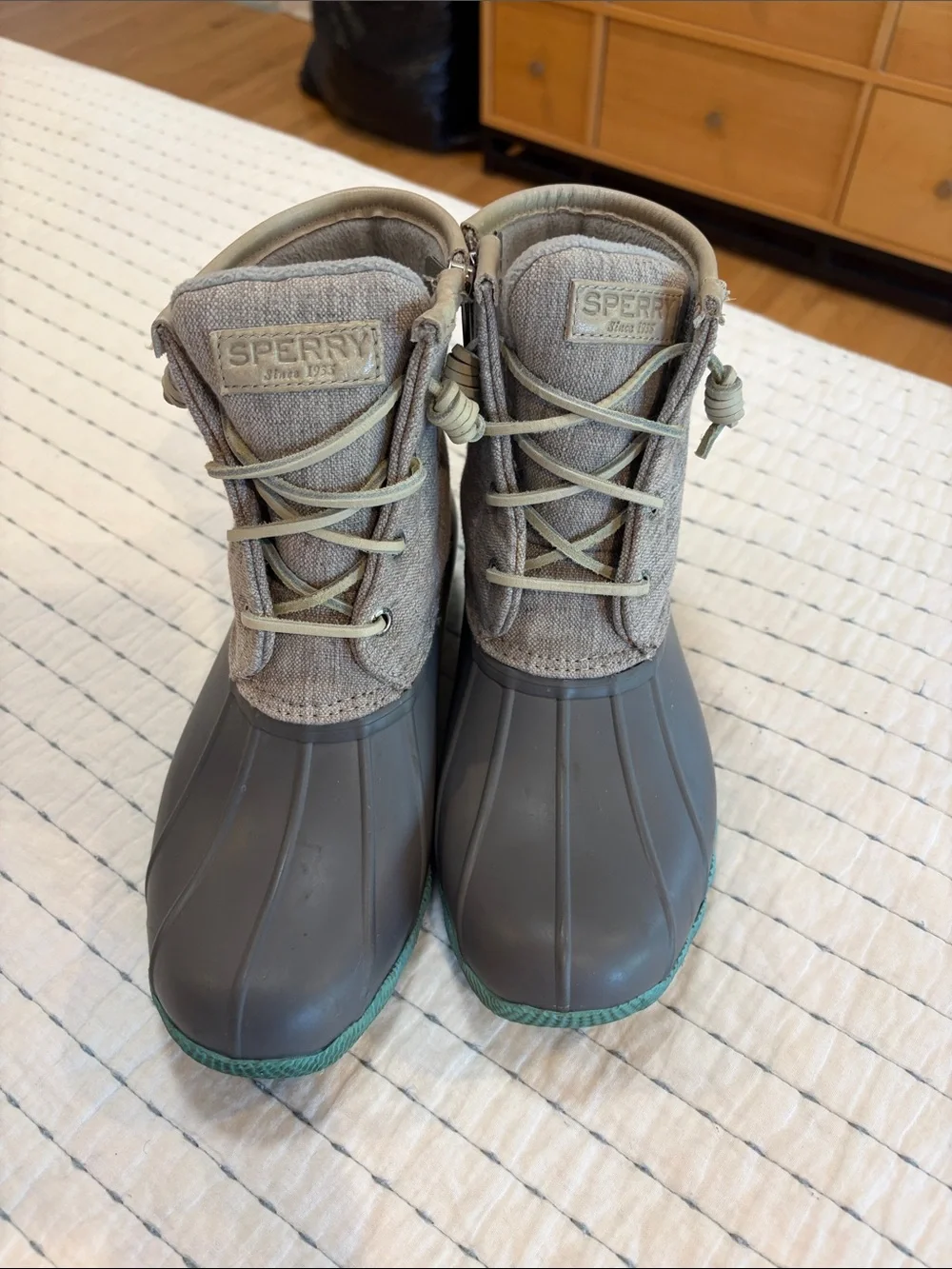 Sperry Gray and Teal Duck Boots