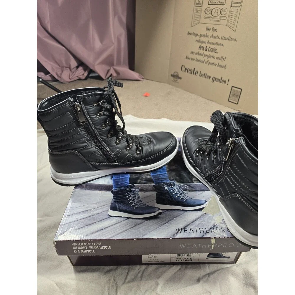 sz 10M - Weatherproof Womens Alexa 1132649 Black Round Toe Lace Up Ankle Boots