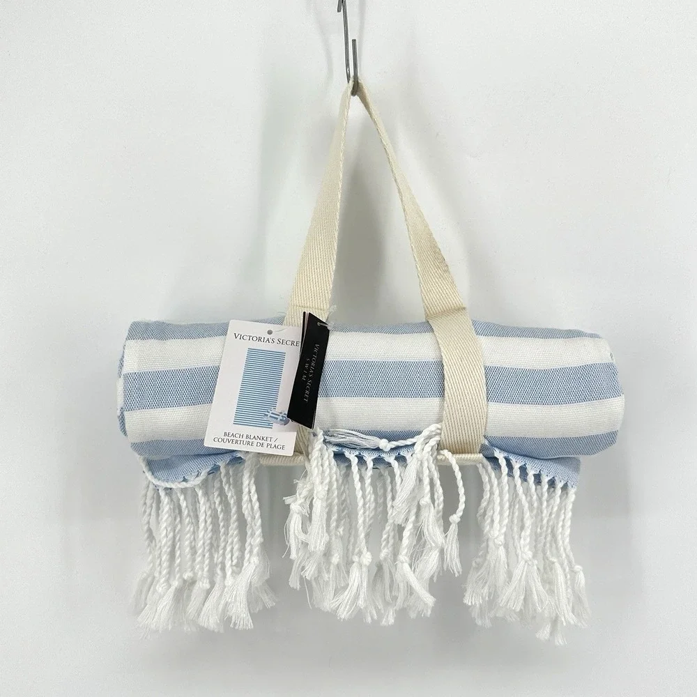 Victoria Secret Beach Blanket Blue White Stripe Fringe Tassels 34 x 64 Fold Up