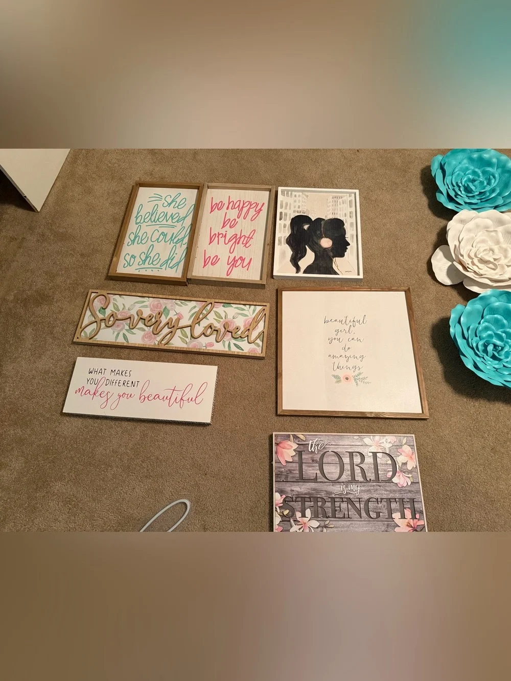 Hobby Lobby Pink Teal and White Floral Wall Decor Set.