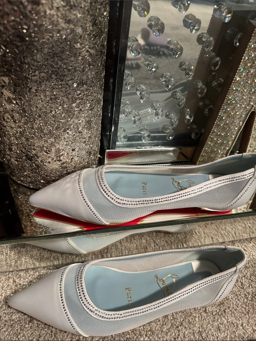 Christian Louboutin White Pointed Toe Mesh & Leather Flats with Crystal Trim