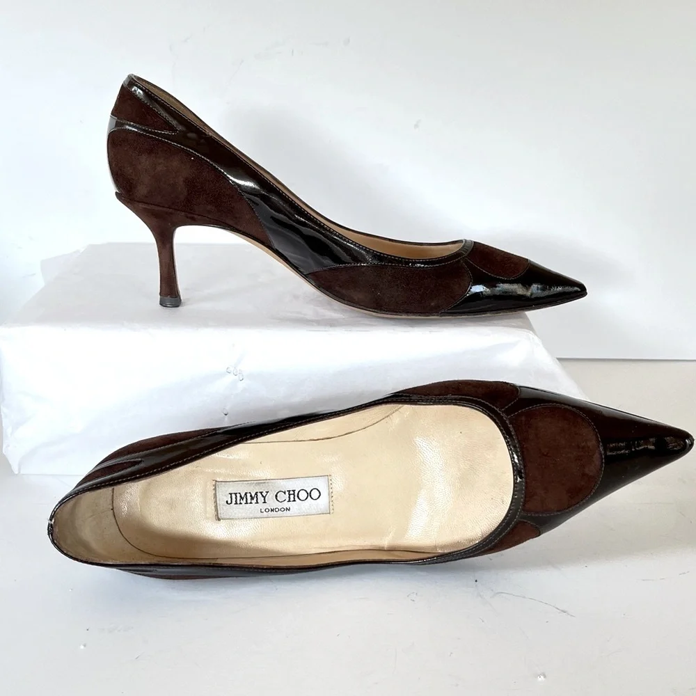 Jimmy Choo brown suede patent leather kitten heels 37.5
