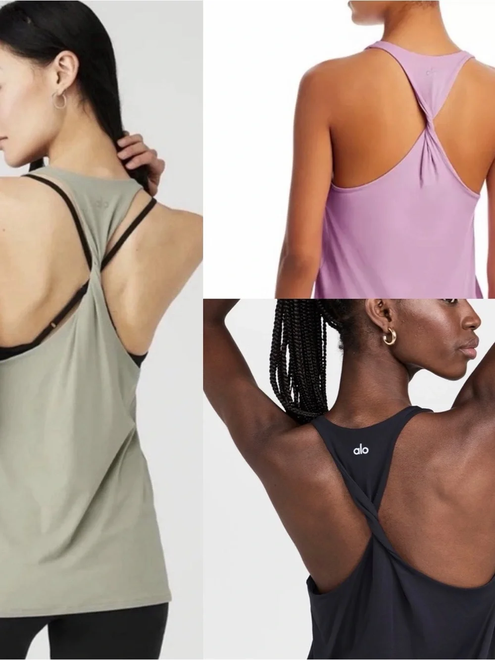 ALO Yoga Twist-Back Tank Top — Lavender, limestone & Black Bundle