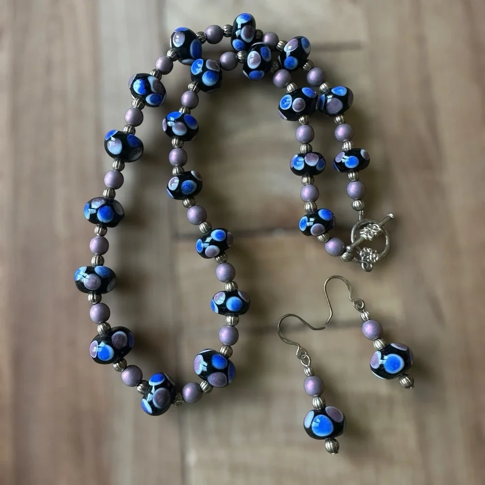 Vintage Artisan Beaded Necklace 18 Inch Match Earrings Set Lampwork‎ Art Glass