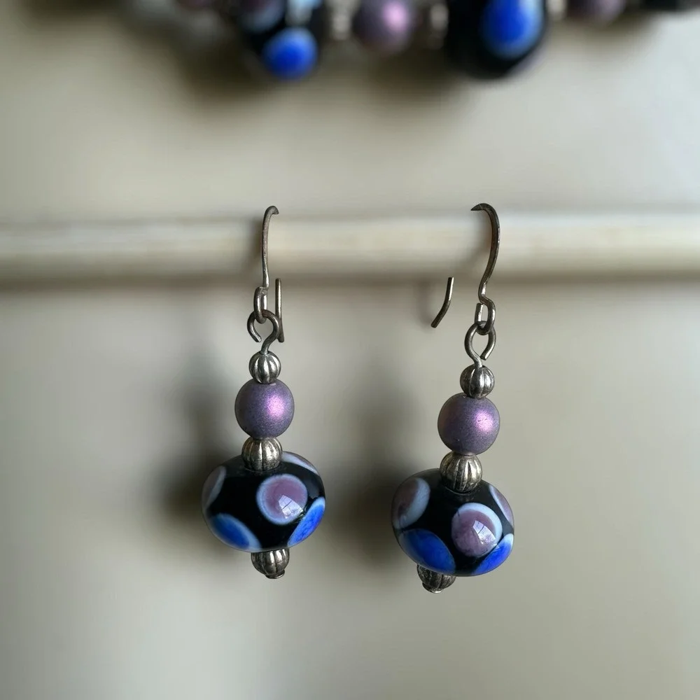 Vintage Artisan Beaded Necklace 18 Inch Match Earrings Set Lampwork‎ Art Glass