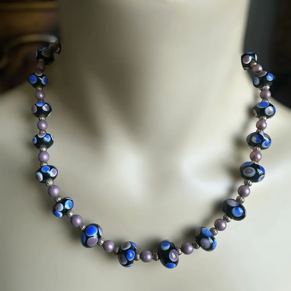 Vintage Artisan Beaded Necklace 18 Inch Match Earrings Set Lampwork‎ Art Glass