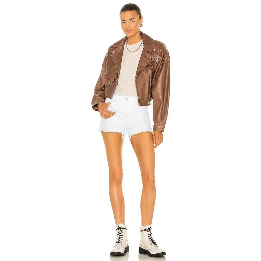 GRLFRND Helena High Rise Cut Off Denim Short in Topanga White 24 Womens Jeans