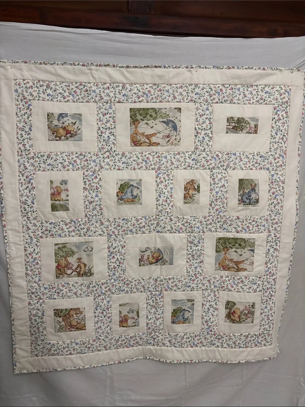Cream Floral Baby Quilt with Winnie the Pooh characters