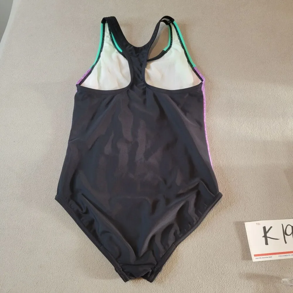 Speedo Girl’s One Piece Infinity Splice Thick Strap Size L Purple Green Racerbk