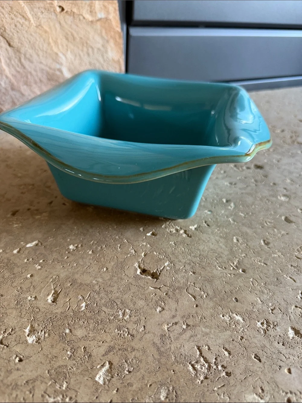 Southern Living At Home Turquoise Stoneware Square Dip Bowl with Flared Rim