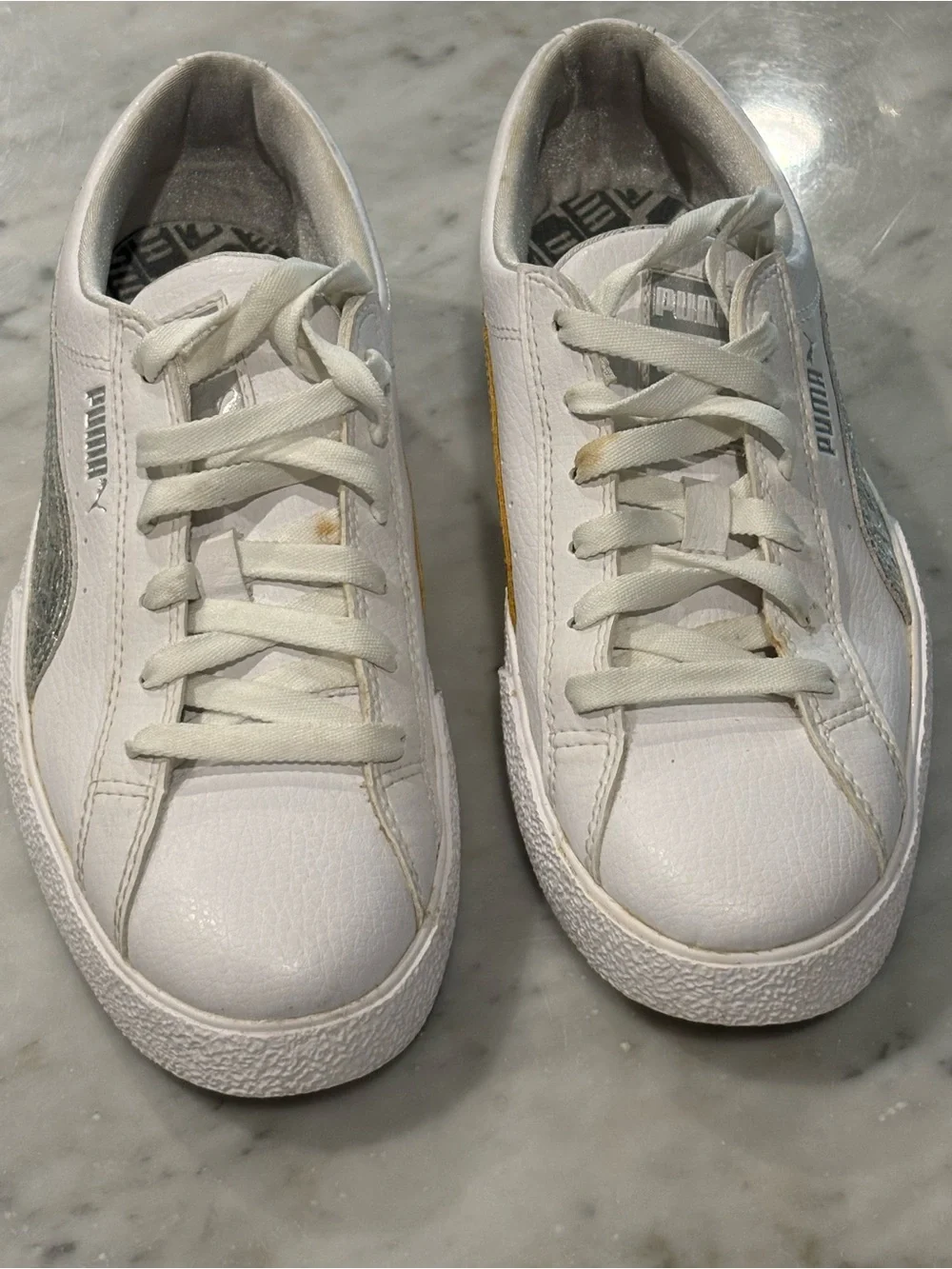 PUMA Basket Platform White Gold Silver Metallic Sneakers Mismatched - Womens 8.5