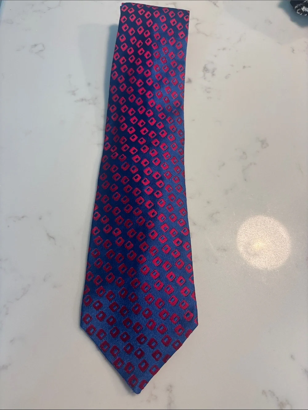 Charvet Blue Silk Tie with Pink Geometric Motif