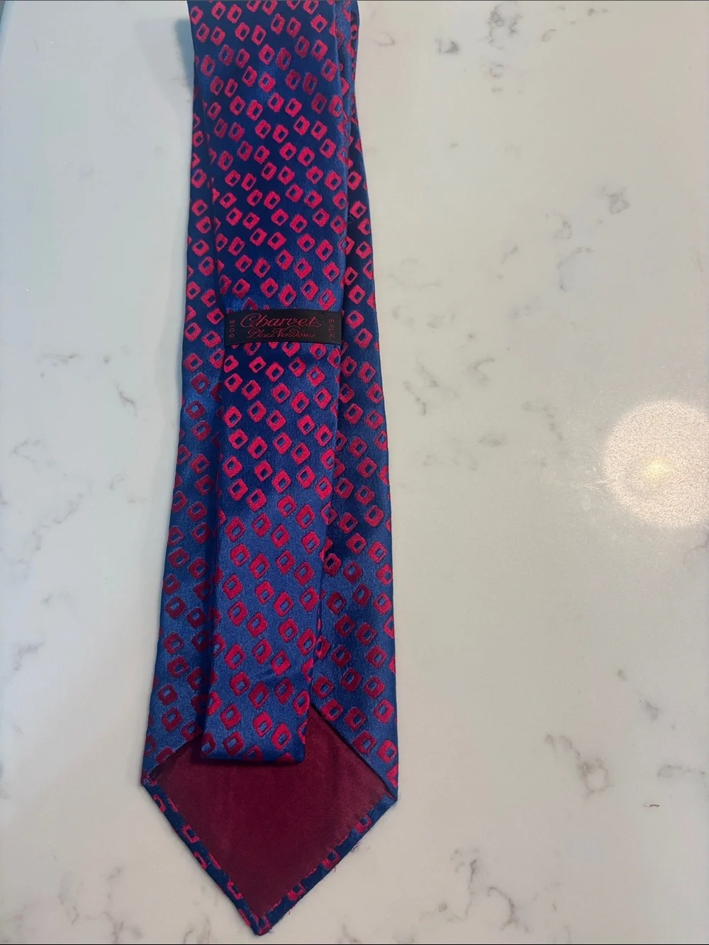 Charvet Blue Silk Tie with Pink Geometric Motif