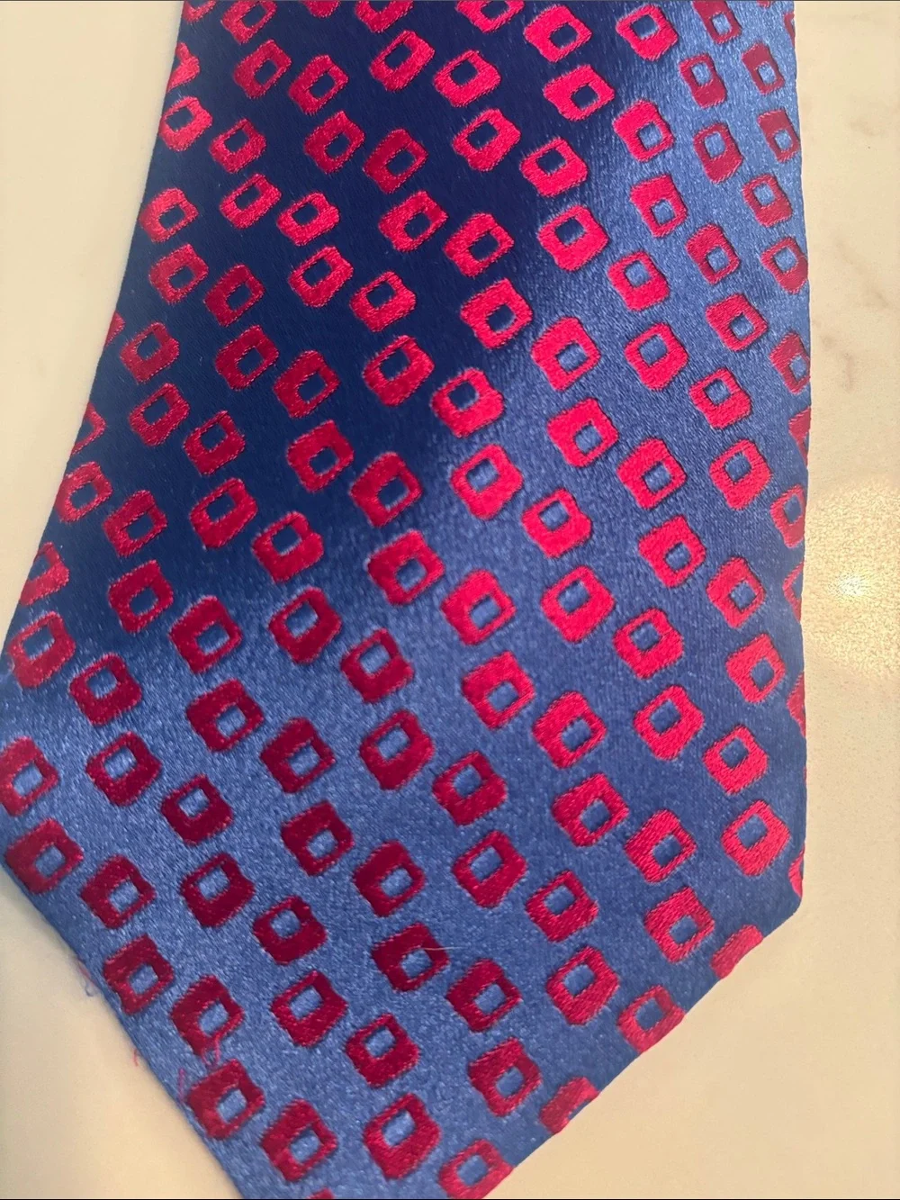 Charvet Blue Silk Tie with Pink Geometric Motif