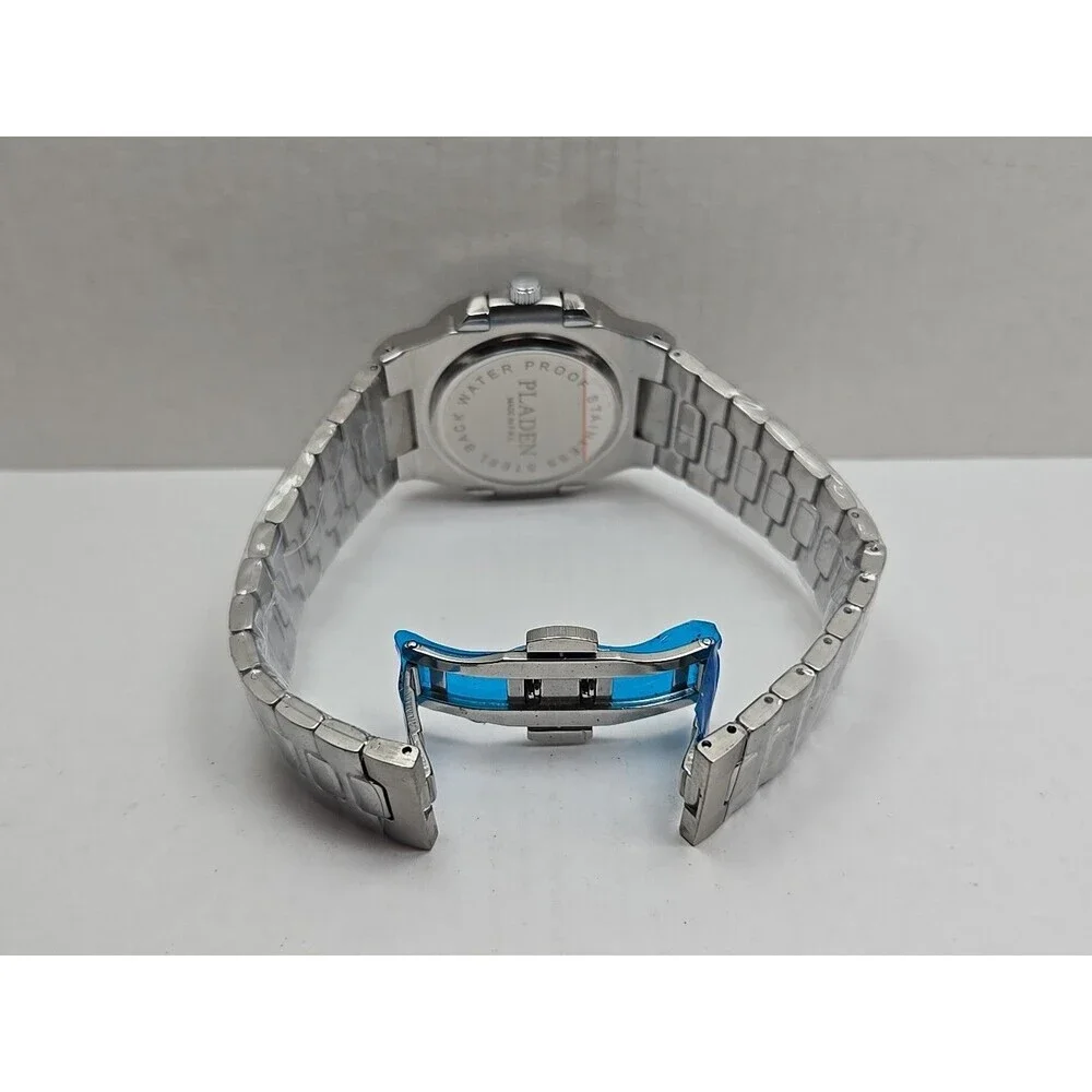 PLADEN Geneva Blue Dial Stainless Steel Date Quartz Watch New Battery Mens