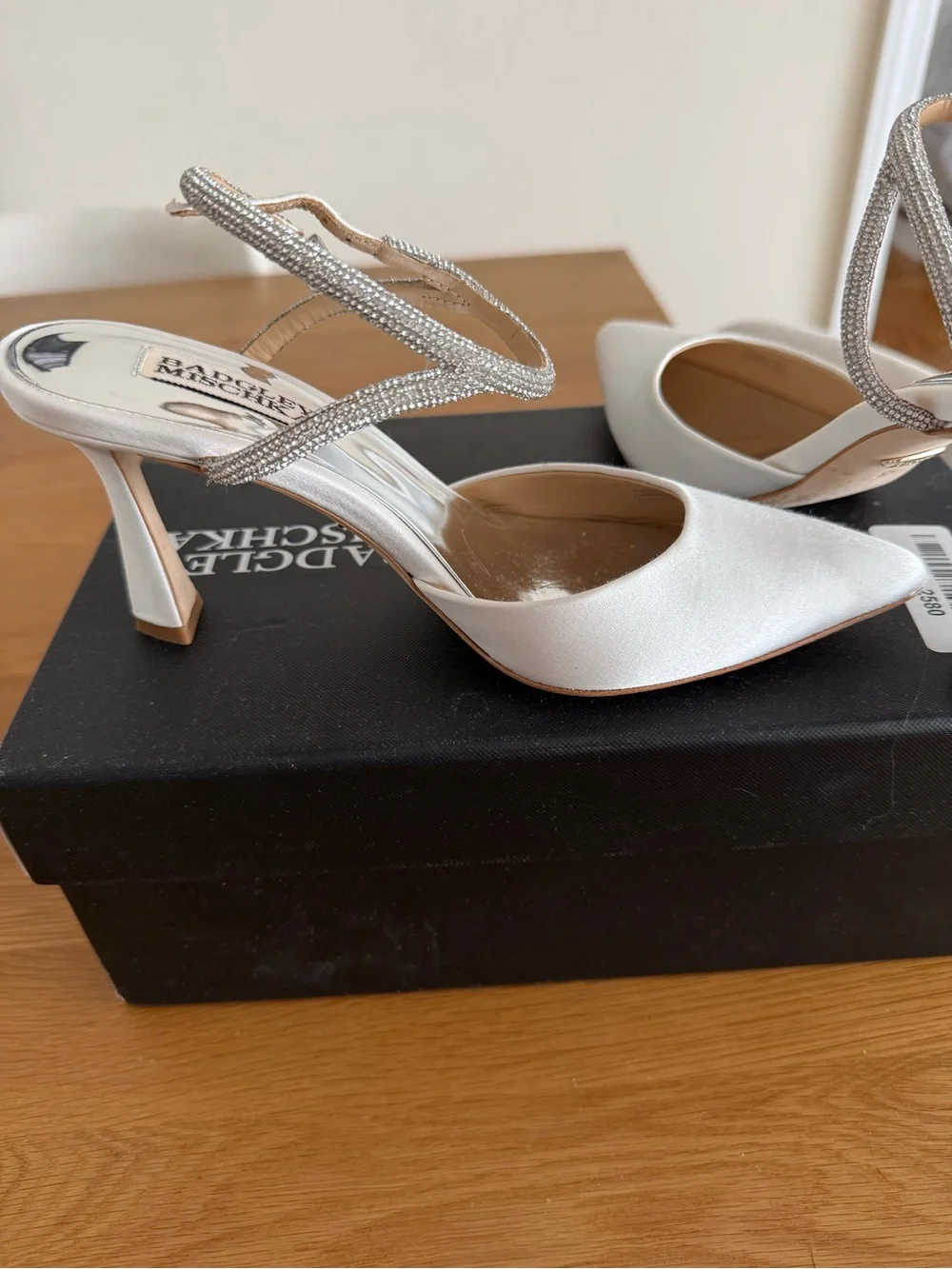 Badgley Mischka Ivory Satin Pointed Toe Slingback Heels with Crystal Straps