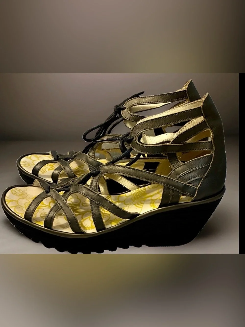 FLY LONDON Size 11.5 / 42 Wedge Strappy Sandals Pewter Metallic Gray