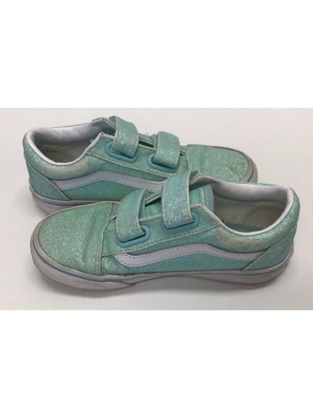 Vans Girls Old Skool V Sneakers Glitter Green Hook And Loop Kids Size 13.5 Shoes