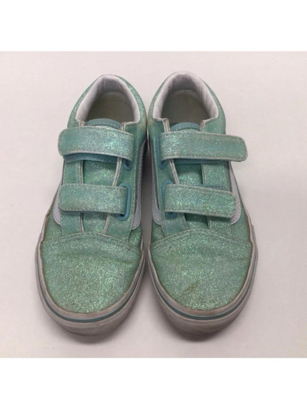 Vans Girls Old Skool V Sneakers Glitter Green Hook And Loop Kids Size 13.5 Shoes