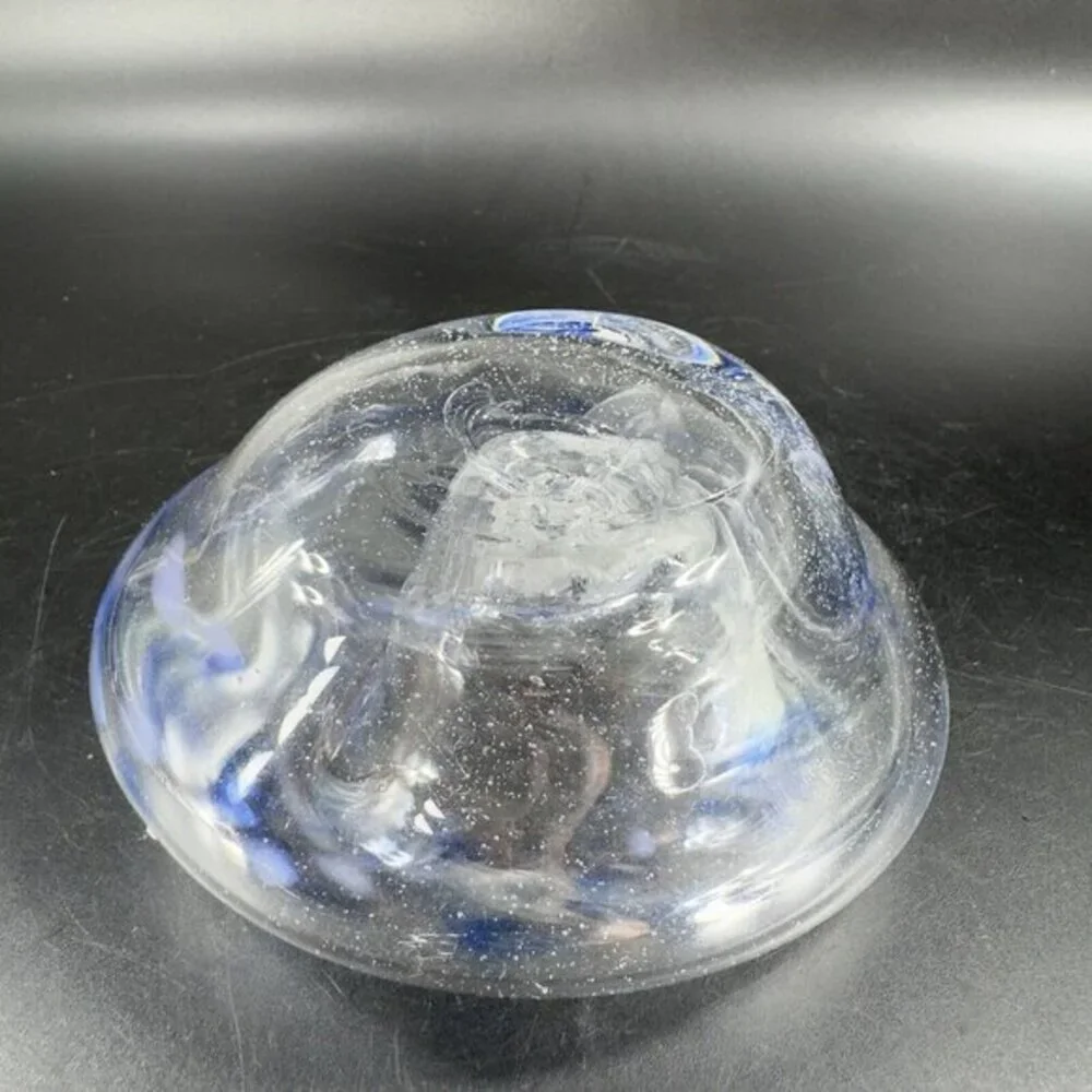 Vintage Hand Blown Art Glass Dish Bowl Clear With Blue Spots Hand Made Glass VTG