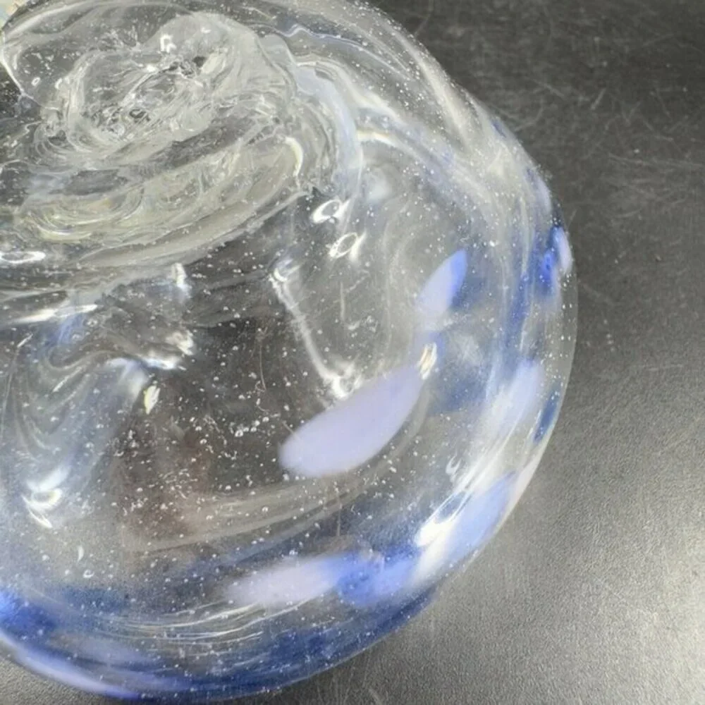 Vintage Hand Blown Art Glass Dish Bowl Clear With Blue Spots Hand Made Glass VTG