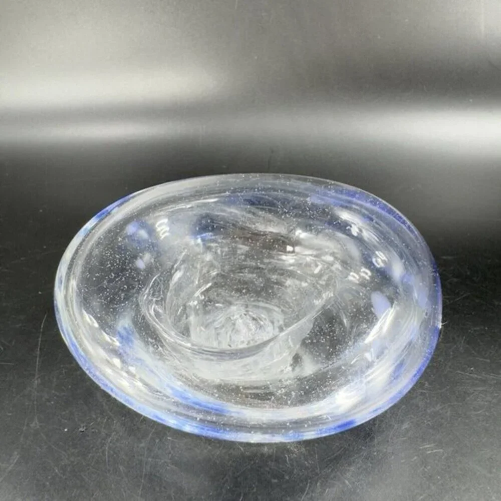 Vintage Hand Blown Art Glass Dish Bowl Clear With Blue Spots Hand Made Glass VTG