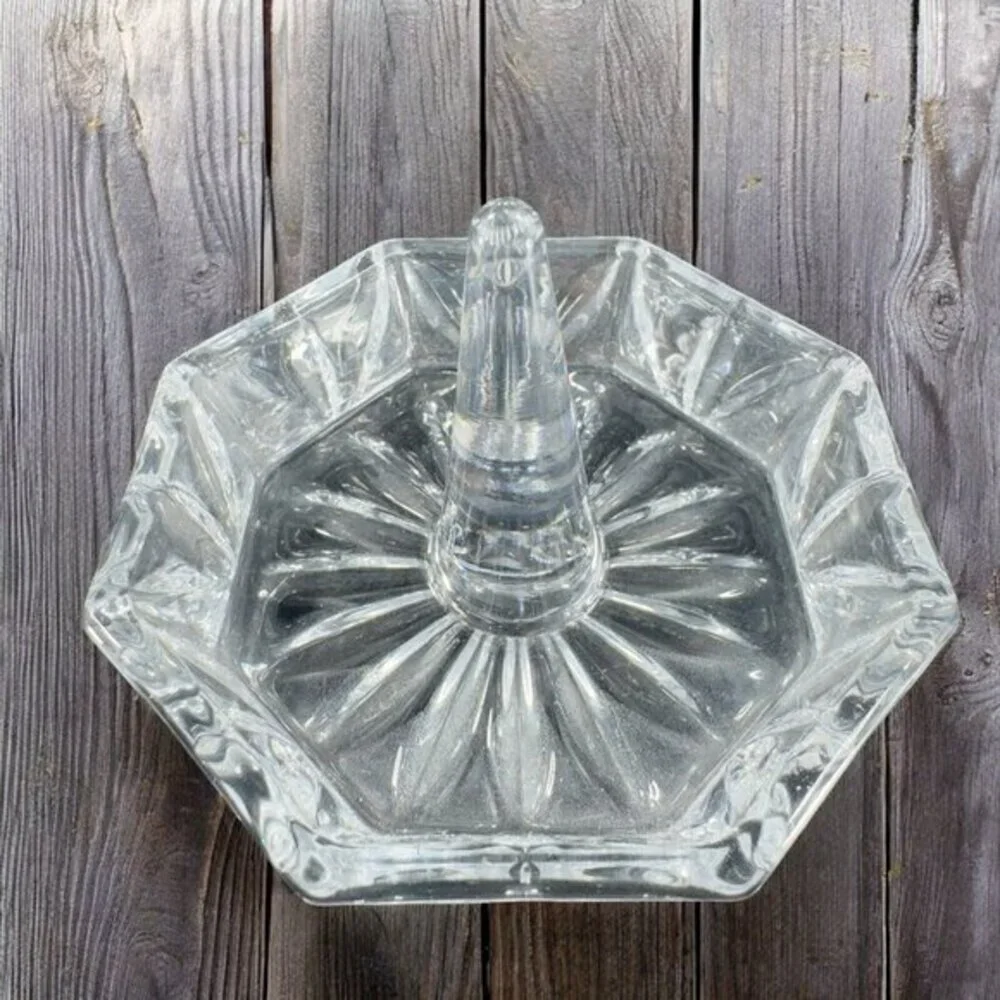 Vintage Bohemian Clear Crystal Glass Trinket Dish Ring Holder‎ Czech Glassware