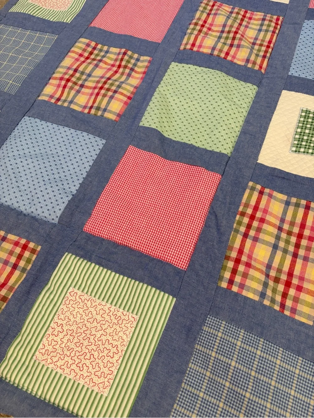 Vintage Sumersault Patchwork Baby Quilt 34x42 - Plaid Gingham Crib Nursery Quilt