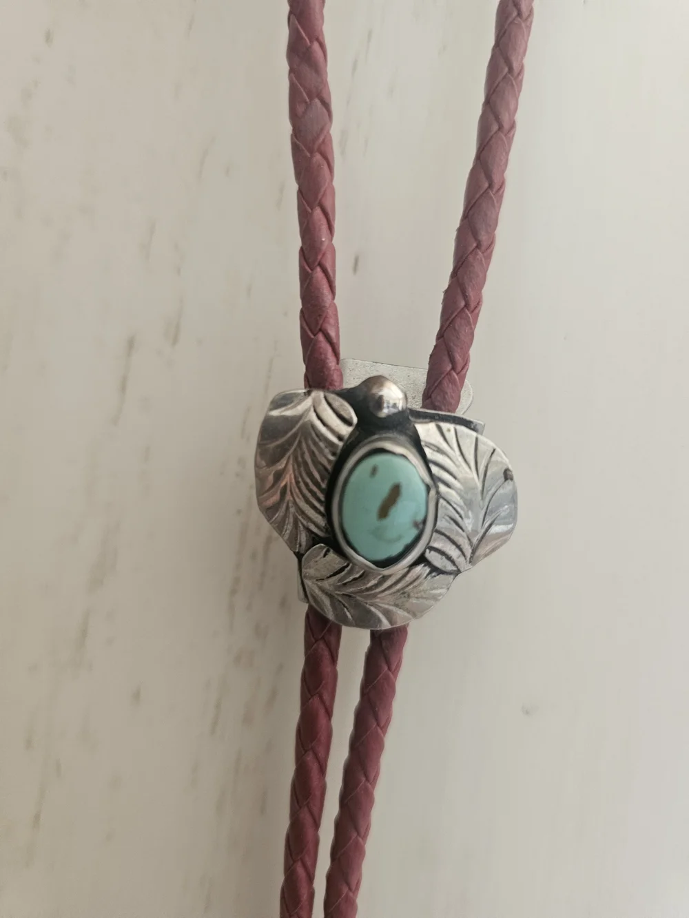 Turquoise Leaf Bolo Tie - Red Cord