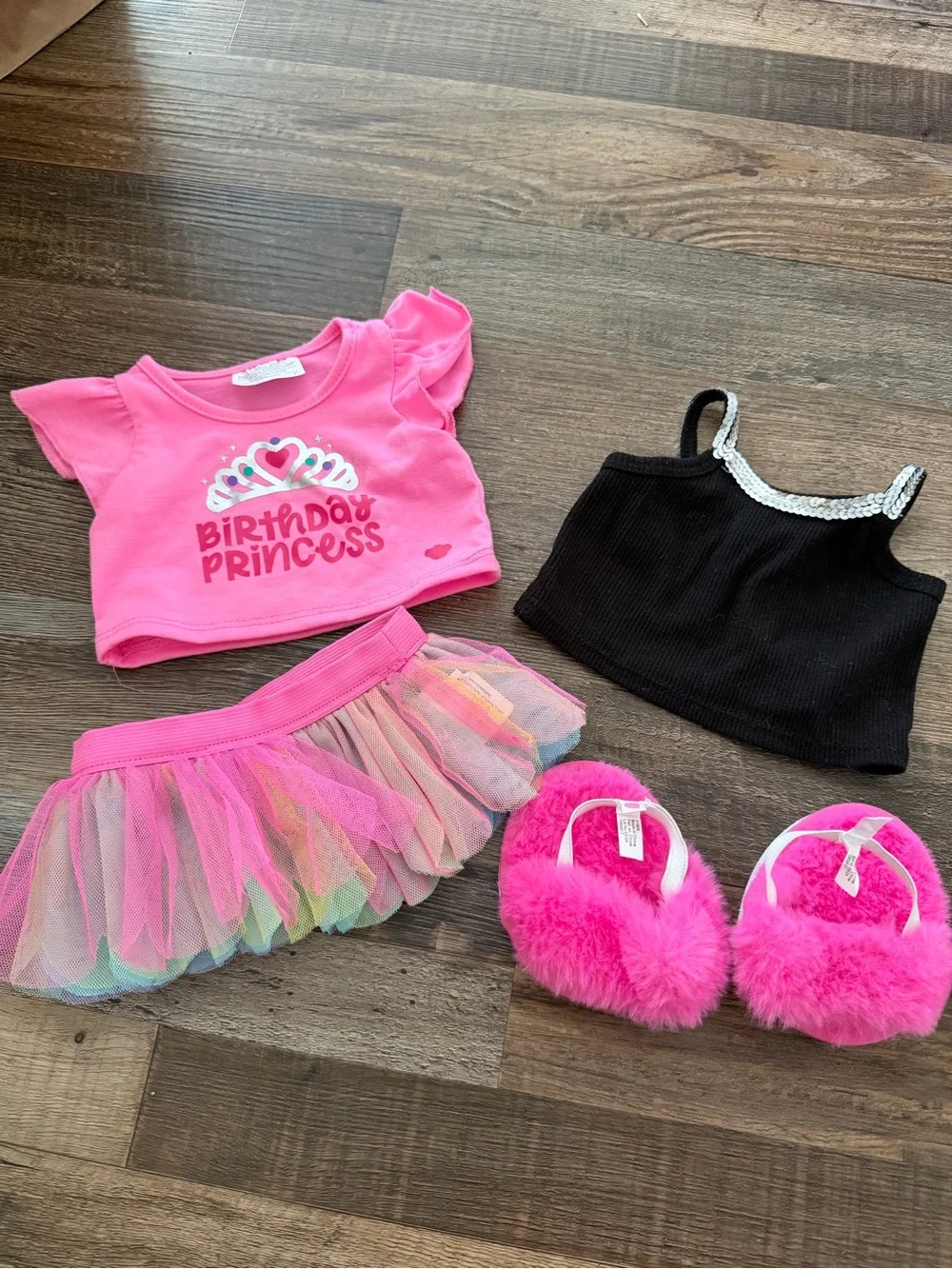 Build-A-Bear outfit bundle tutu, slippers, and two shirts
