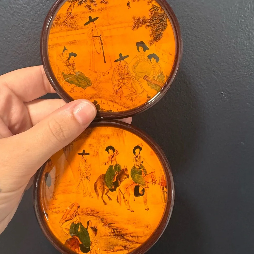 Vintage Formic Korean Lacquerware Coaster Set 4 Cork Back Coasters w/ Box