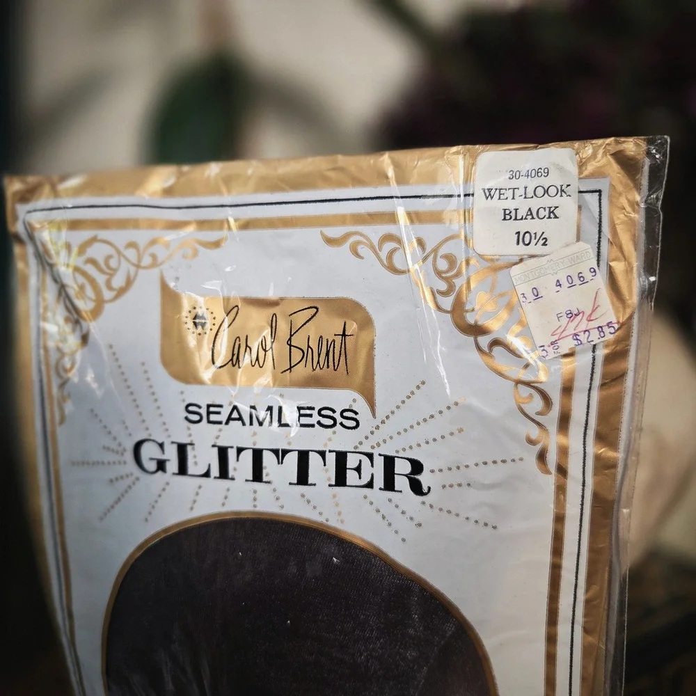 Carol Brent Nylons Black Glitter Vintage 1970s Seamless Wet Look Stockings 10.5