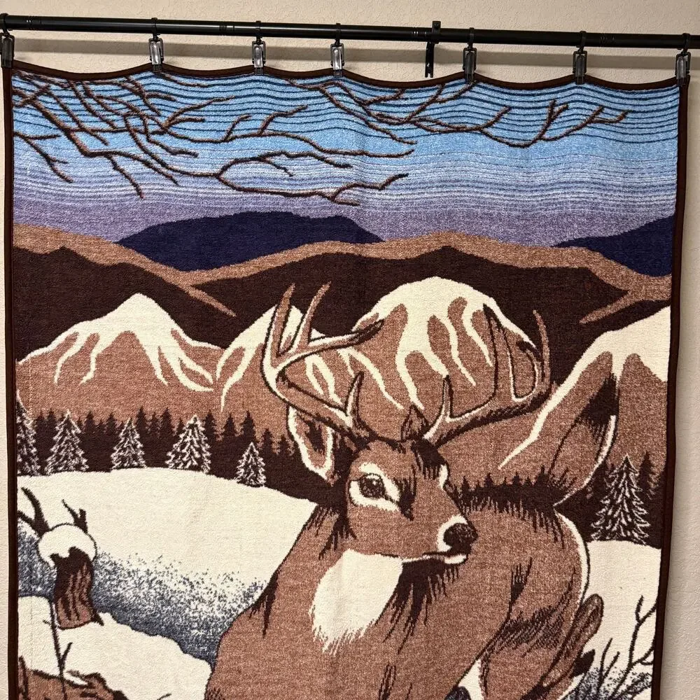 Vtg Biederlack Deer running in snow throw blanket - brown white log cabin 80x52
