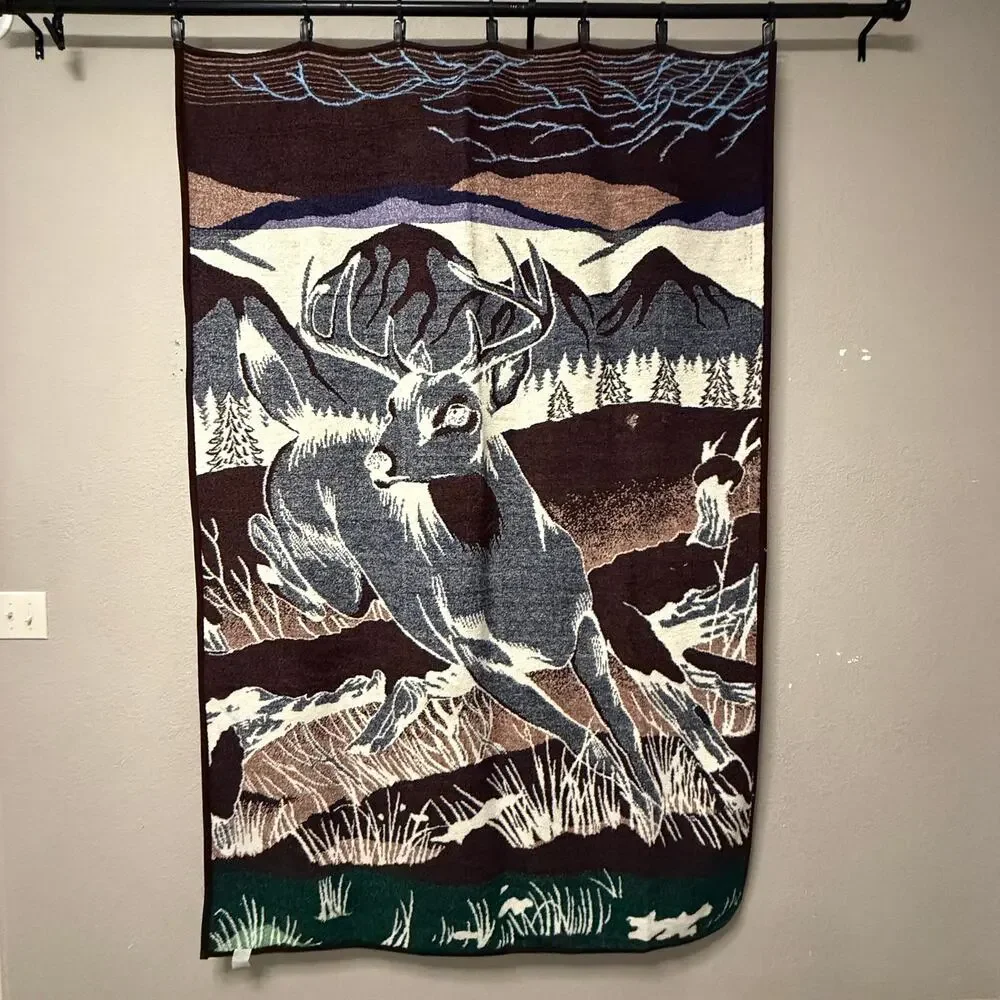 Vtg Biederlack Deer running in snow throw blanket - brown white log cabin 80x52