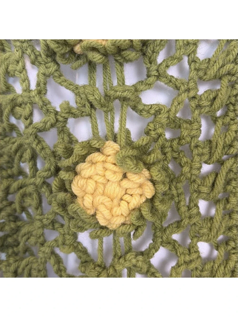 Vtg 70s Handmade Crochet Granny Boho Flower Green Table Runner Dresser Scarf