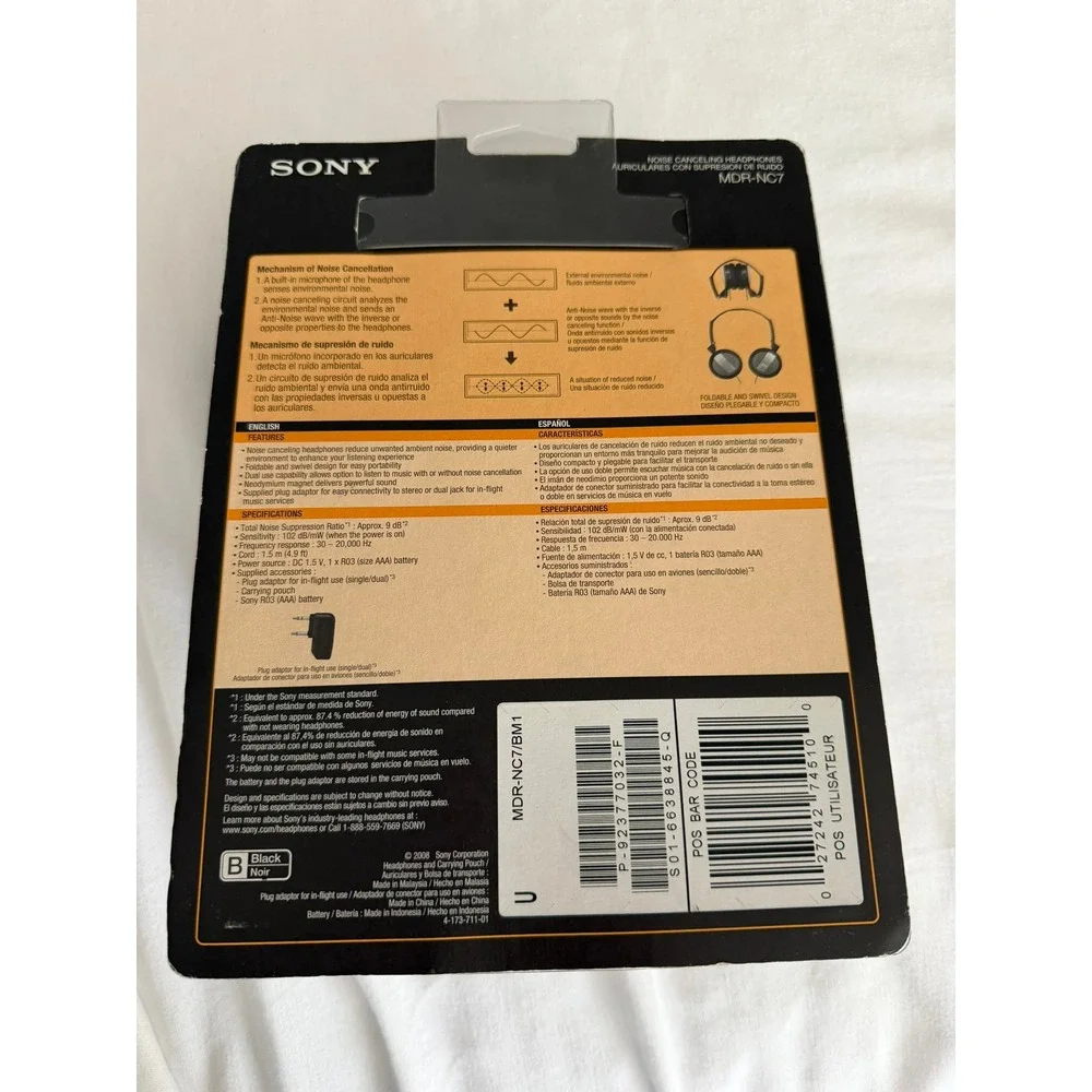 Sony MDR-NC7 Noise Canceling Headphones Black Foldable Travel Wired MDRNC7