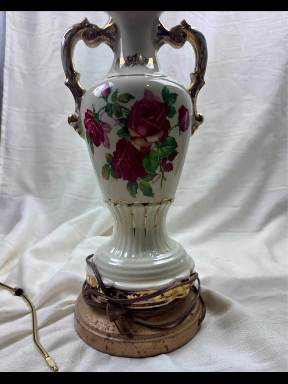 Source Unknown White Porcelain Lantern with Pink Rose Motif and Gold Accents