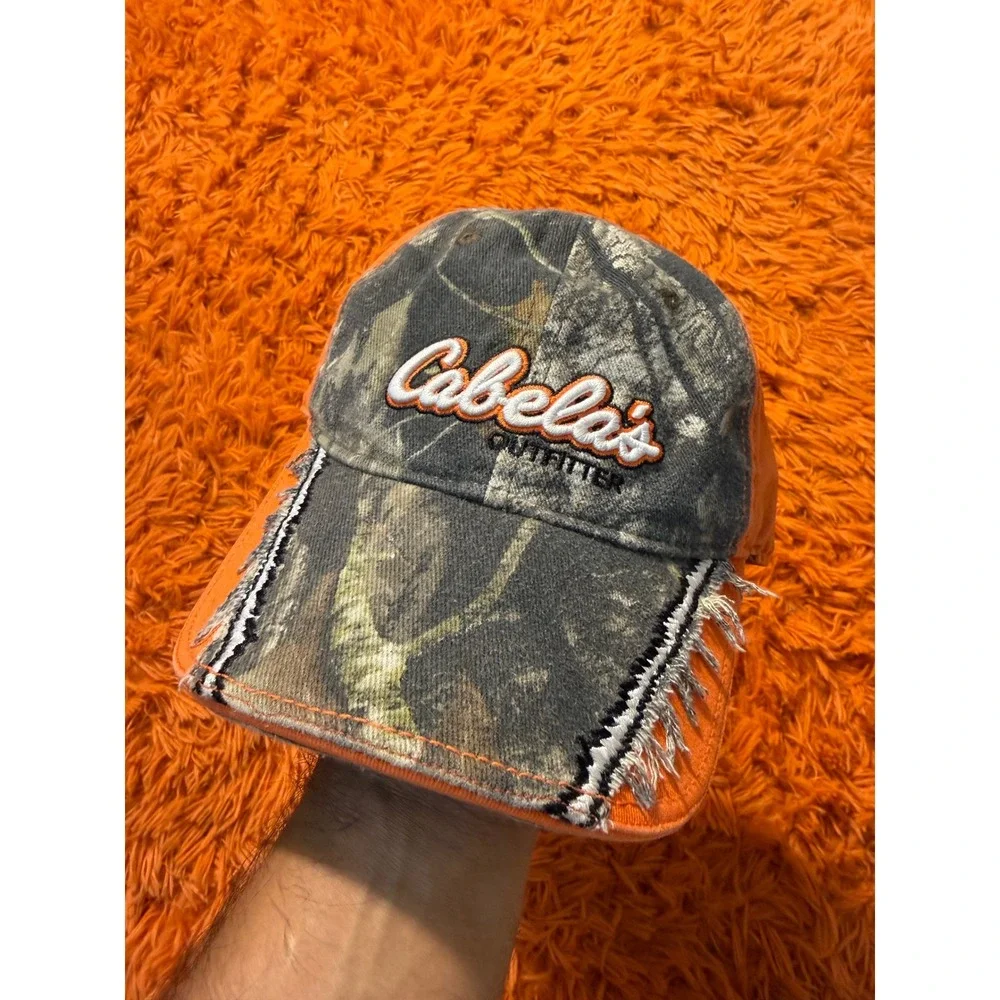 Cabelas Outfitter Hat Mens RealTree Camo Blaze Orange Distressed Strapback Cap