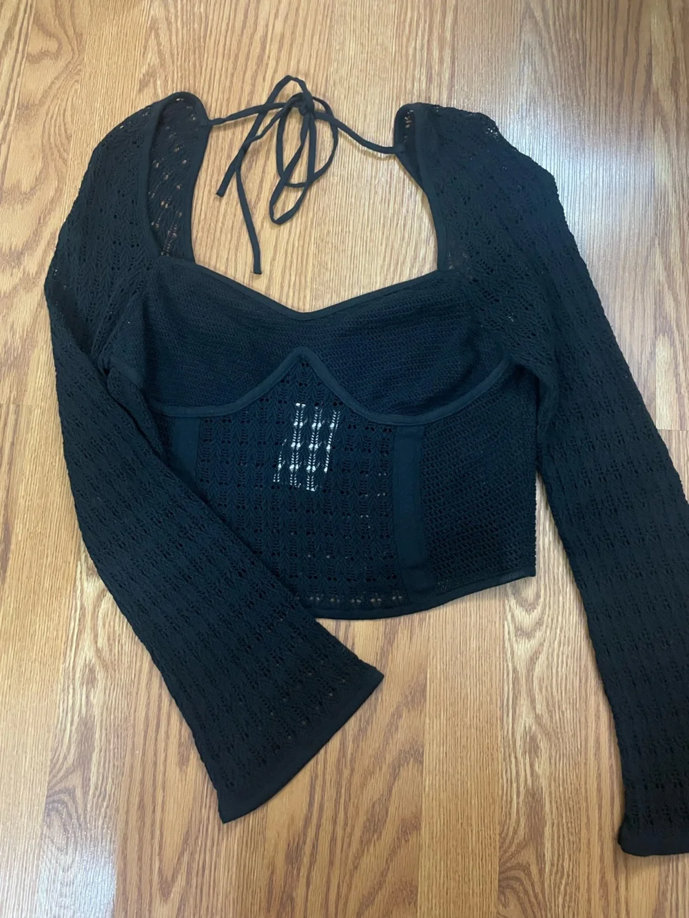 H&M Black Crochet Knit Tie-Back Long Sleeve Crop Top Size L